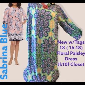 LOWEST🌺 NWT SABRINA BLUE 1X MOD FLORAL PRINT DRESS